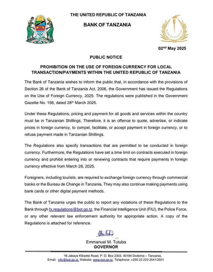 Tanzania bans use of US dollars, other foreign currencies for local transactions
