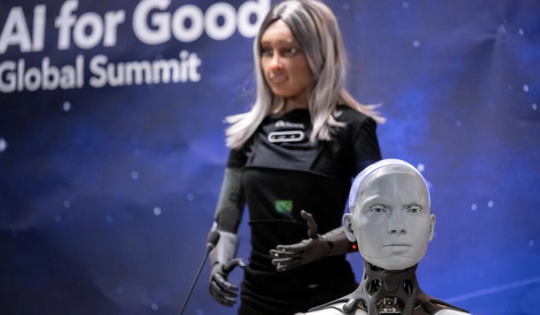 A first as humanoid robots field questions from reporters at AI summit